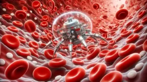 A close-up illustration of nanobots in the bloodstream