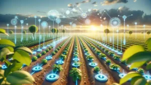 A futuristic agricultural field showcasing advanced nanotechnology applications