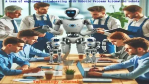 A team of employees collaborating with Robotic Process Automation robots