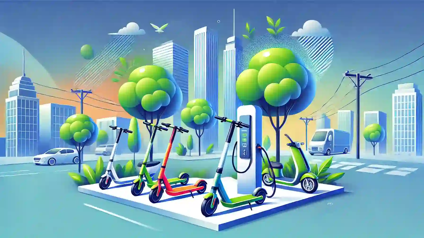 Eco-Friendly Electric Scooters in a Futuristic Cityscape