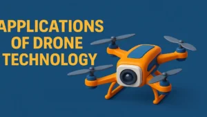Colorful 3D drone illustration with bold yellow-orange text “Applications of Drone Technology” on a deep blue background