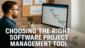 A man working on a computer displaying a detailed Gantt chart in a bright office, highlighting the importance of selecting the right software project management tool.