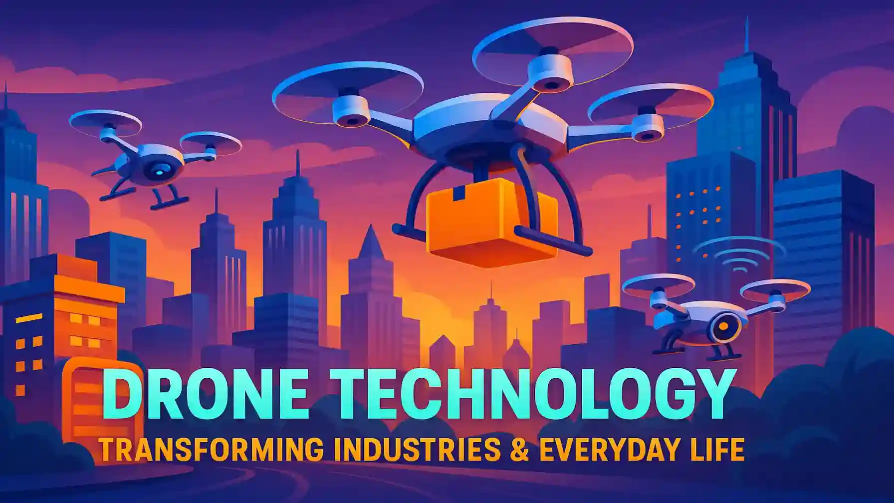 Futuristic city skyline at sunset with drones delivering packages, monitoring traffic, and scanning buildings with bold text “Drone Technology: Transforming Industries & Everyday Life