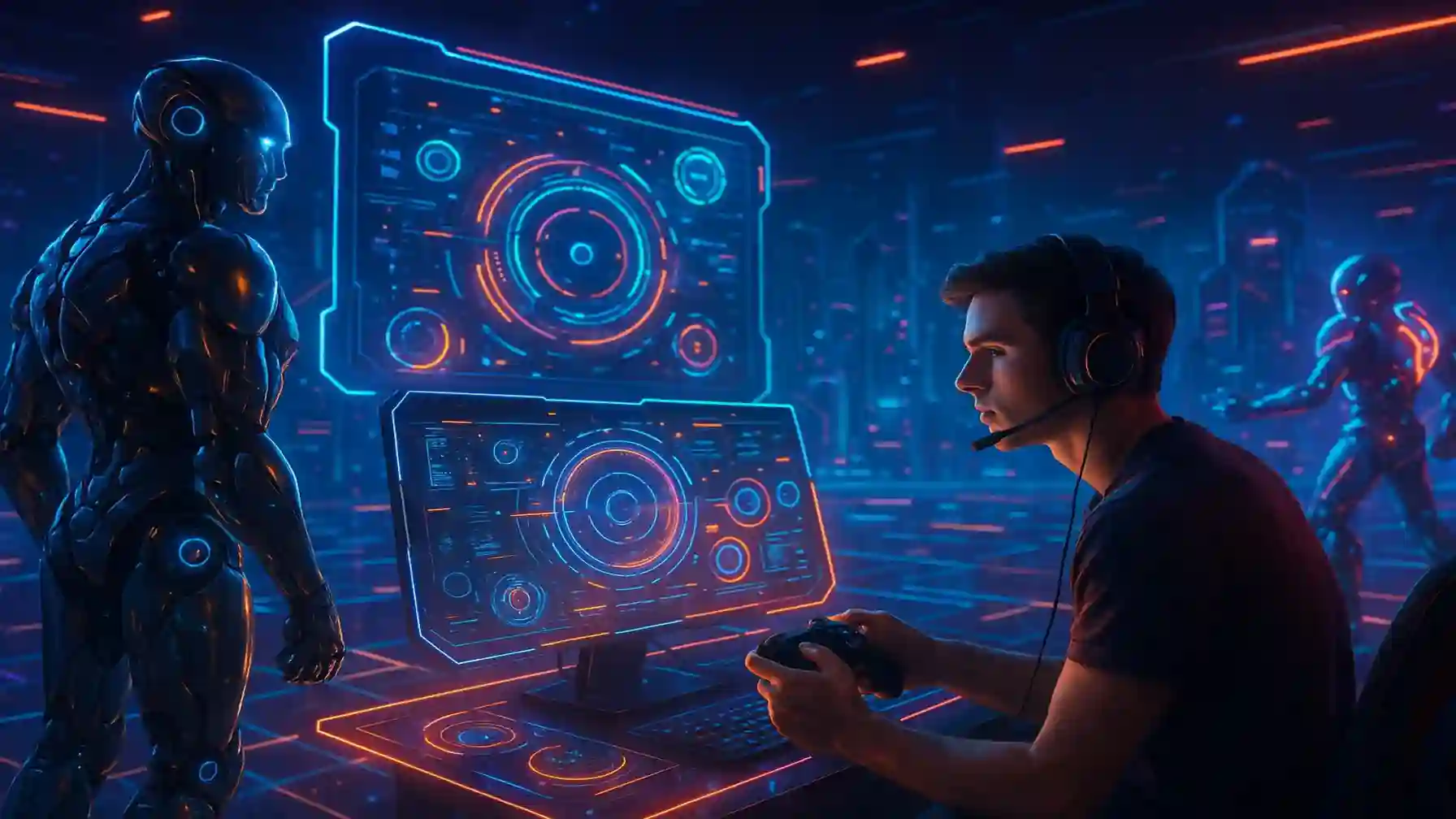 A gamer interacts with holographic AI-powered interfaces in a futuristic neon-lit arena alongside humanoid robots and advanced 3D graphics.