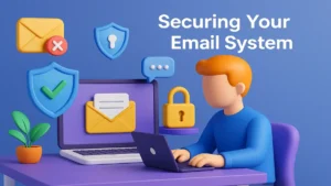 3D illustration of a person working on a laptop with shields, envelope, and padlock icons symbolizing email protection and security