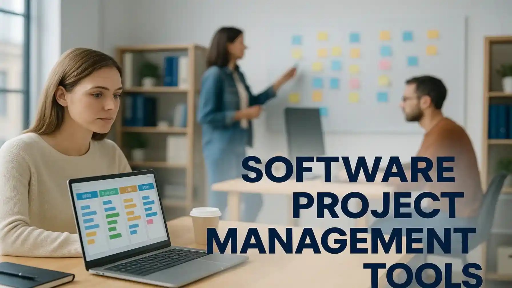 A modern office setting with professionals collaborating using laptops and sticky notes, showcasing software project management tools for teamwork efficiency