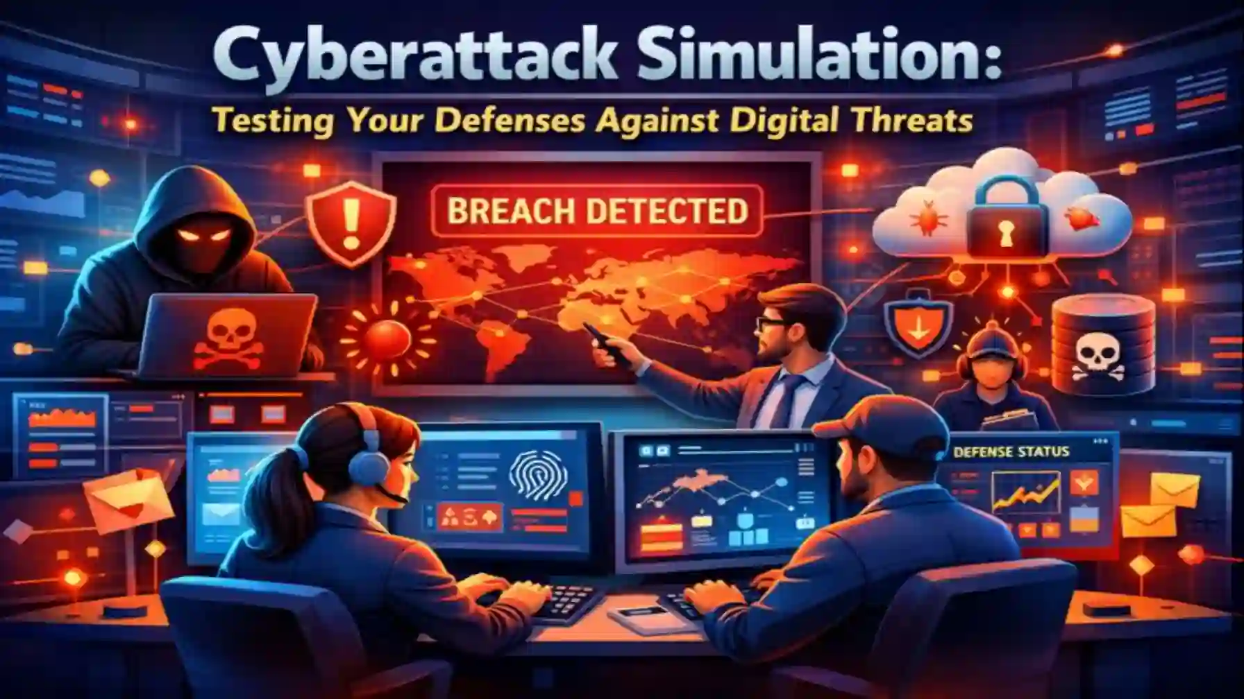 Cyberattack simulation showing security team responding to digital threats