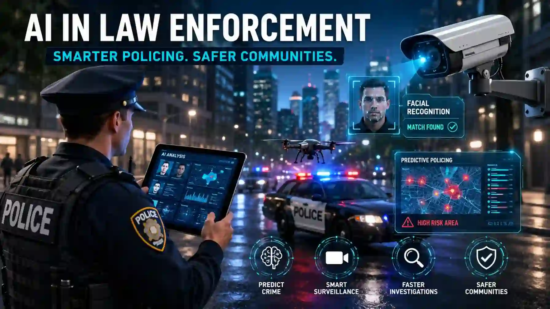 3D futuristic police officer using AI surveillance and facial recognition technology in a smart city at night.