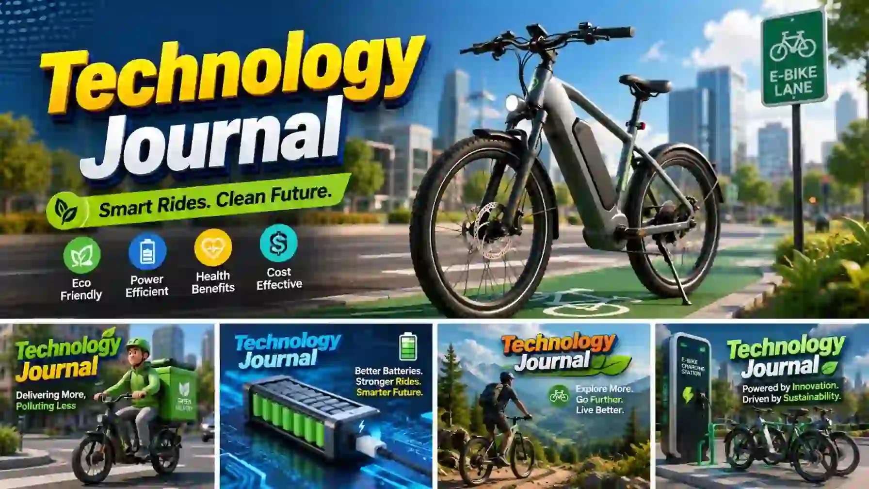 3D electric bike illustration showing sustainable urban mobility, eco-friendly transportation, and smart city commuting with “Technology Journal” branding.